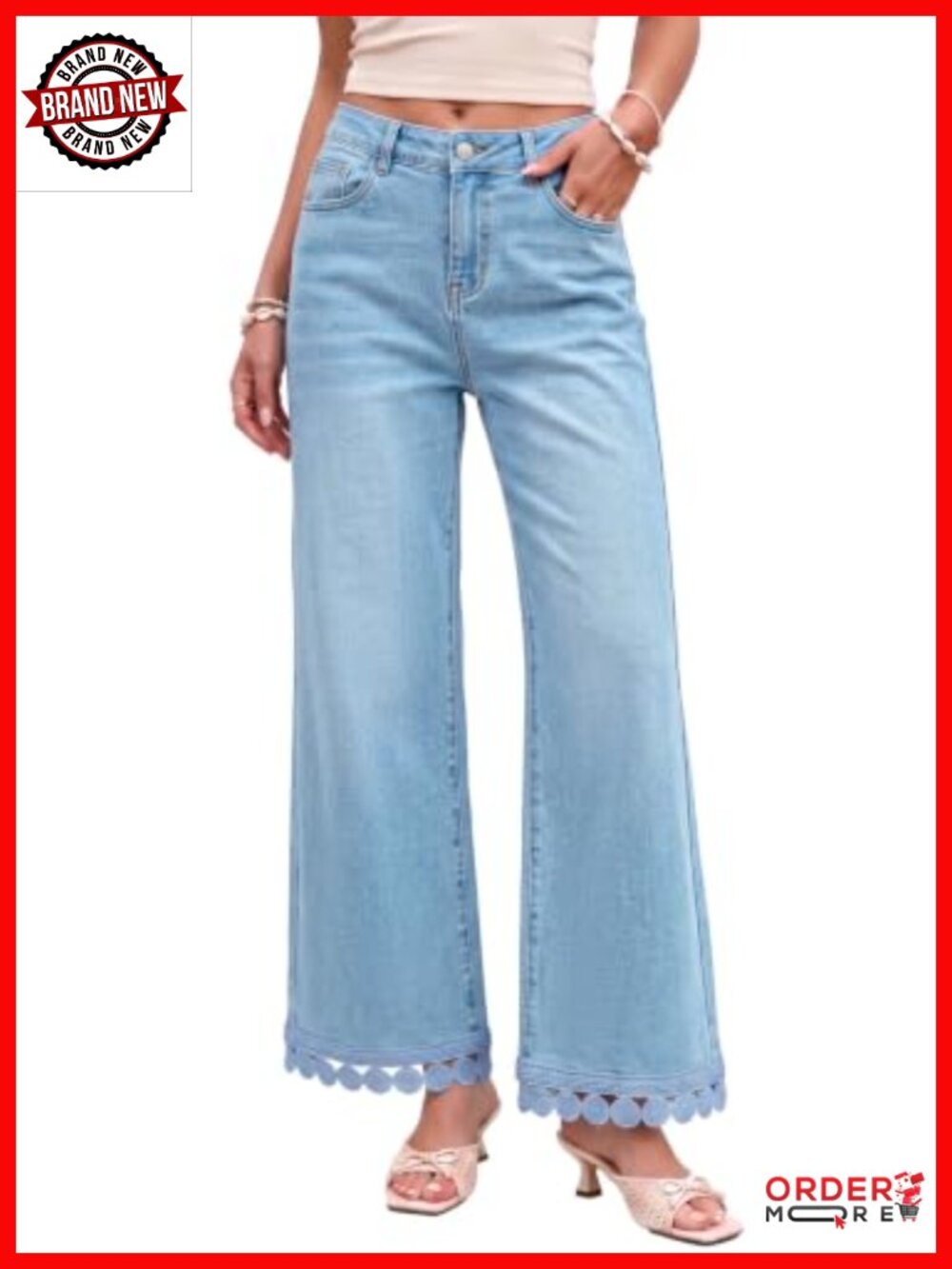 Stretchy Wide Leg High Rise Jeans with Lace Hem Denim Pants